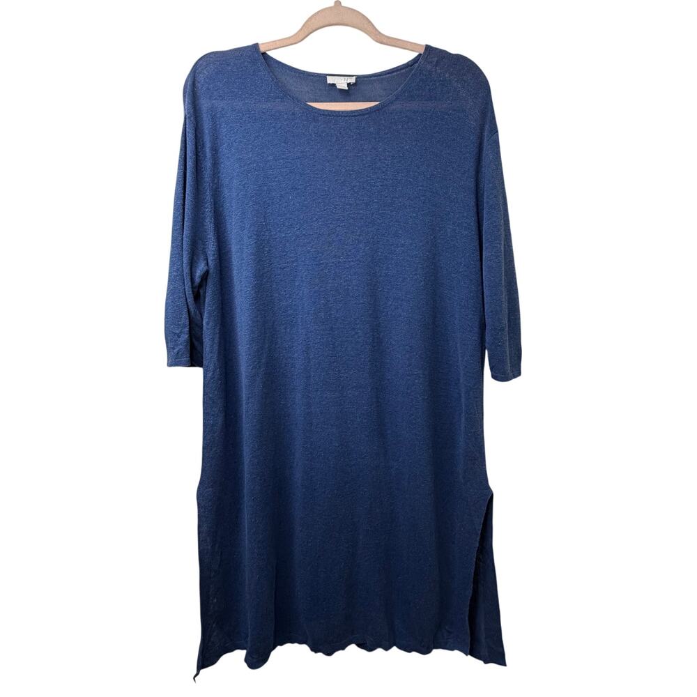 Lg J Jill Blue Linen Viscose Tunic Dress Cozy Knit 3/4 Sleeve Coastal Lagenlook